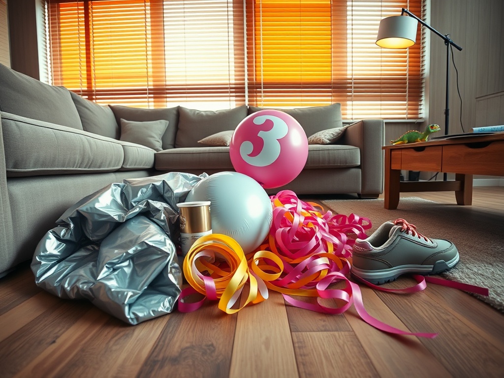 Scene: Deflated Mylar Birthday Balloon Tangle Under the Couch