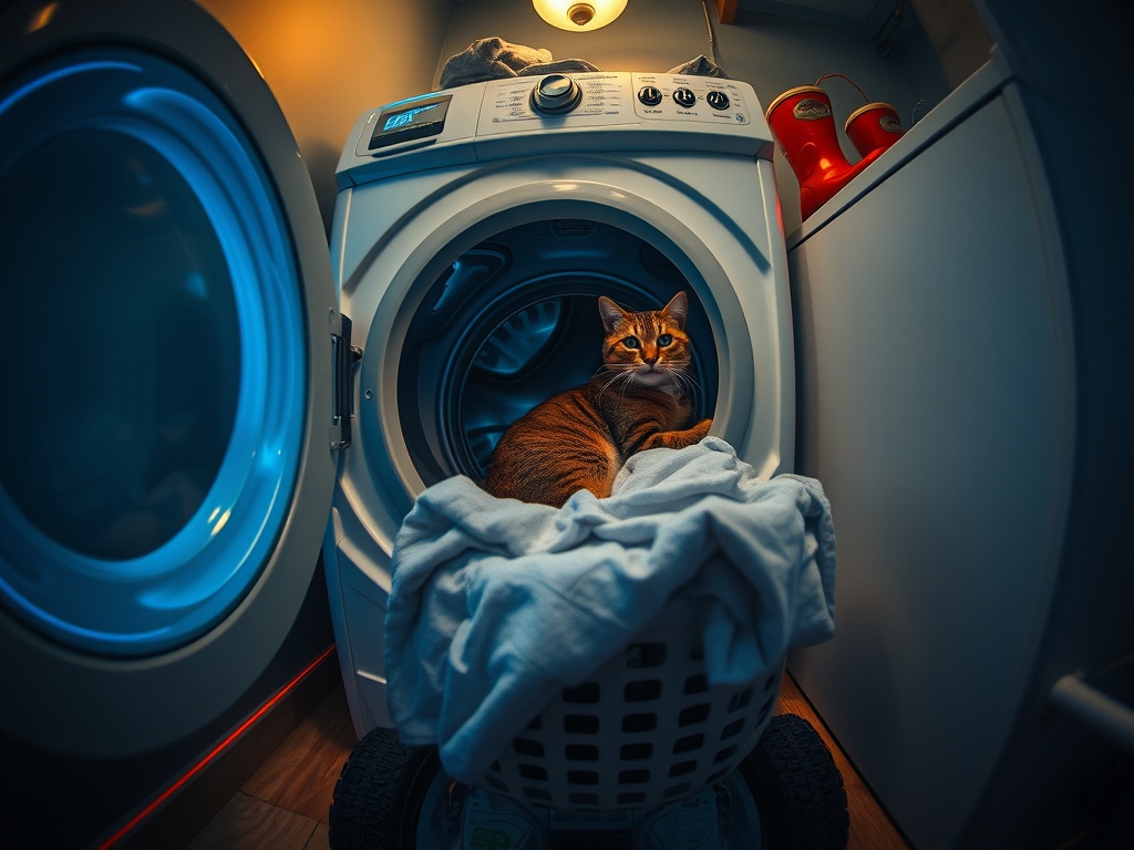 Scene: Night Owl Laundry: Cat Nesting in Damp Sheets