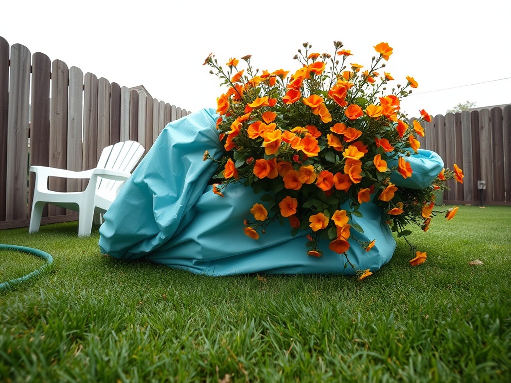 Scene: Deflated Kiddie Pool Tangled in Overgrown Lantana After Last Night's Wind